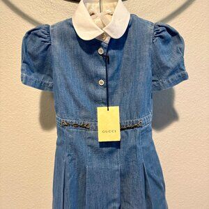 Gucci Kids Denim Peter Pan-Collar Pleated Dress – Size 4, BNWT